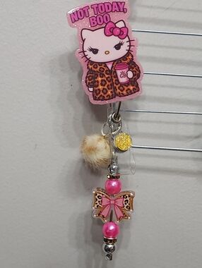 Not Today Boo Badge Reel Cat Animal Print ID Holder Alligator Clip Bow Pom Pom